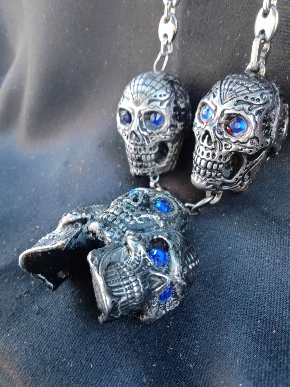 Stainless Steel Men's Skull Necklace with Blue Stone Eyes